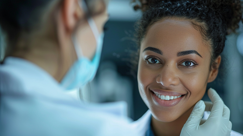 dermatologue qui examine la peau d'une patiente