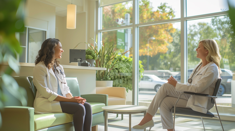 deux dermatologues assises l'une en face de l'autre discutent.