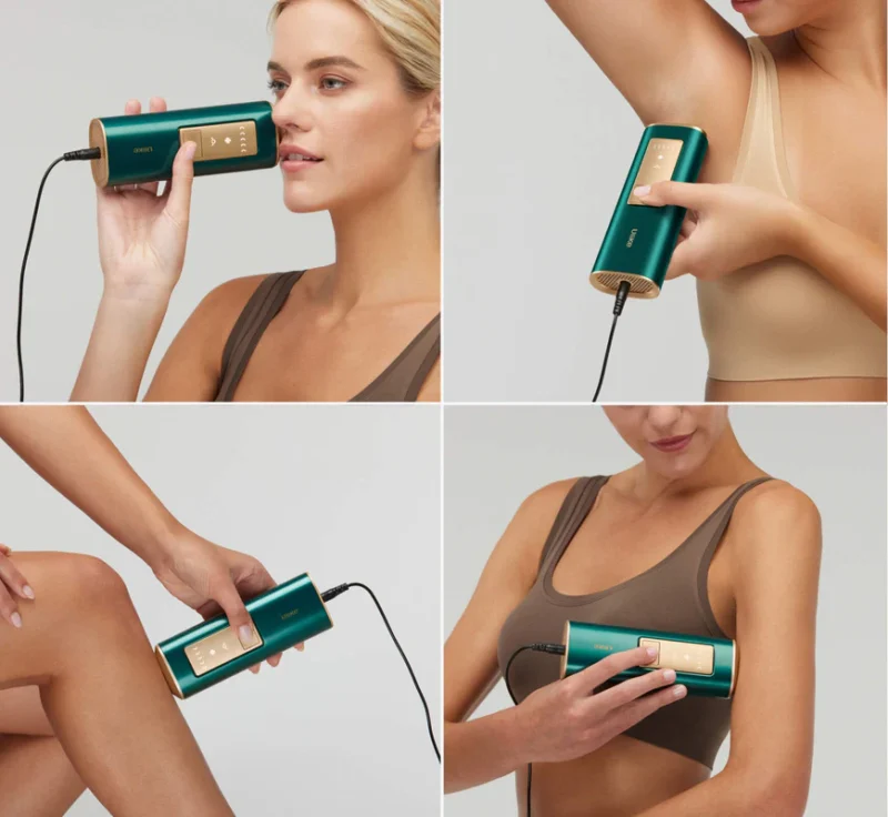 Une femme utilisant l'appareil IPL Ulike Air 2 sur tout son corps, visage, bras, jambes et aisselles