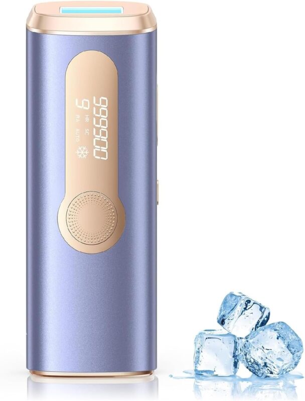photo produit epilateur à lumiere pulsée haarlosy avec des glaçons pour rappeler l'effet froid de l'epilateur