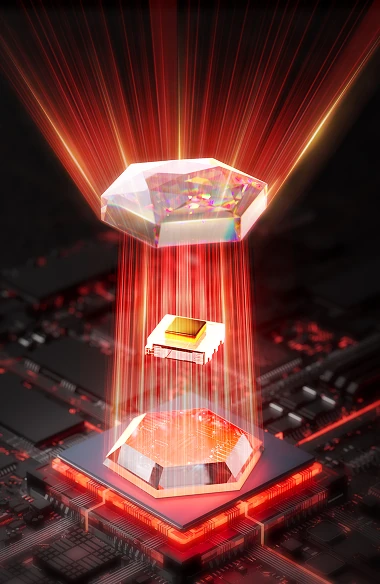 Illustration de la technologie optique diamant du panneau FOREO FAQ™ Dual LED Panel, montrant la diffusion homogène de la lumière à travers des lentilles en forme de diamant pour une pénétration plus profonde dans la peau.