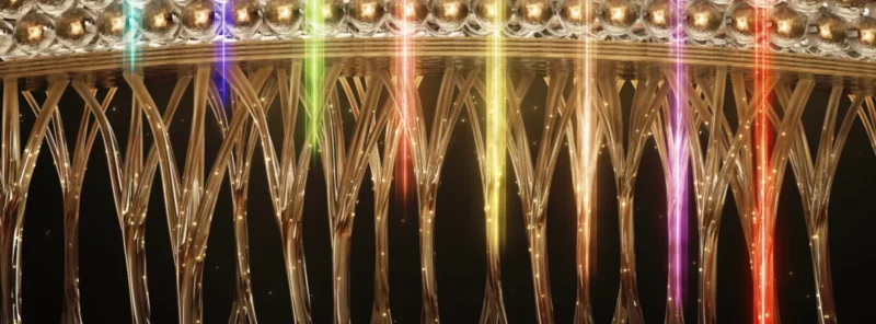 Illustration FOREO montrant les cinq longueurs d’onde LED (rouge, ambre, bleu, NIR et Deep NIR) et leur profondeur de pénétration dans les différentes couches de la peau.