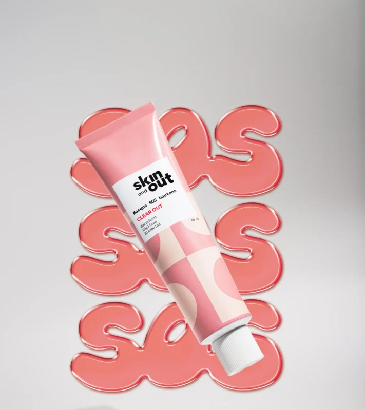 Masque SOS boutons Clear Out de SKIN&OUT, soin anti-imperfections au bakuchiol ,reglisse et bisabolol réduction de 15 % avec le code promo TOTHEGLOW15