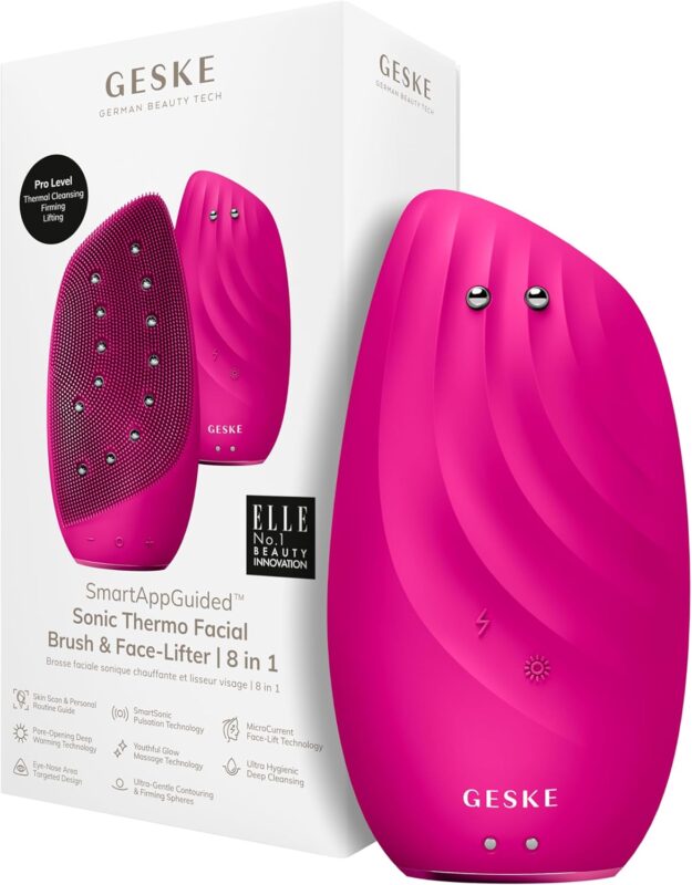 Brosse faciale thermique sonique GESKE 8-en-1 en silicone, appareil de nettoyage et massage anti-âge guidé par application