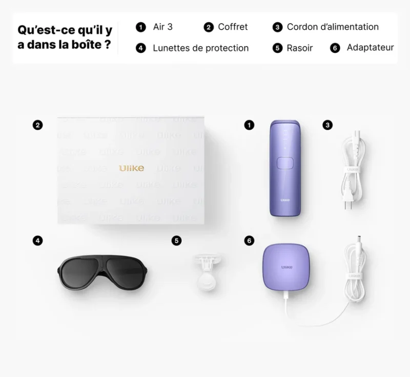 Contenu de la boîte de l’épilateur Ulike Air 3 avec appareil IPL, coffret, lunettes de protection, rasoir et câbles d’alimentation.