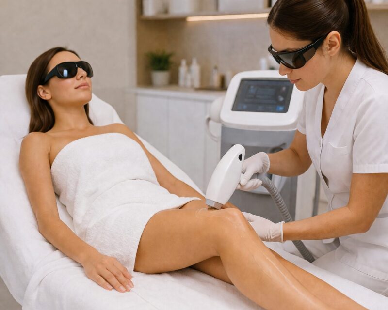 séance d’épilation laser en institut avec esthéticienne utilisant un appareil sur la jambe