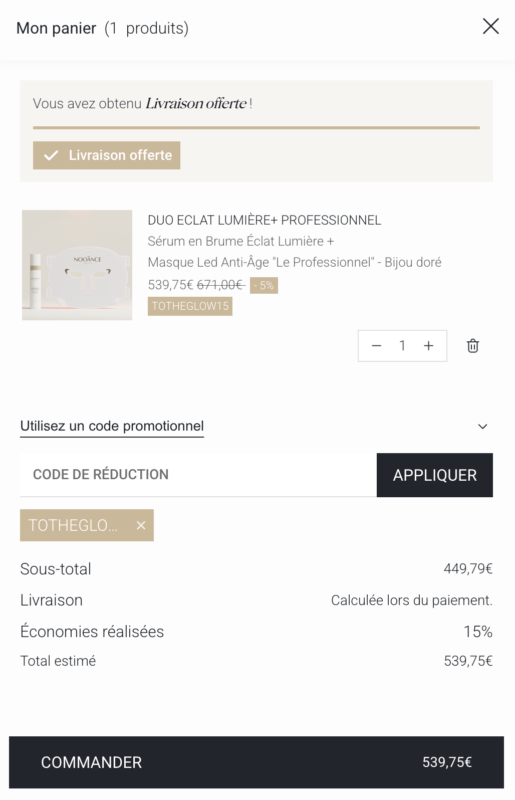 Panier Nooance avec le code TOTHEGLOW15 appliqué
