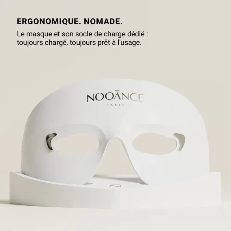 Présentation du masque led pour les yeux X200 de nooance sur son socle de charge.