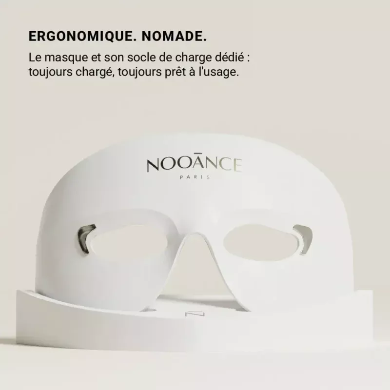 Présentation du masque led pour les yeux X200 de nooance sur son socle de charge.